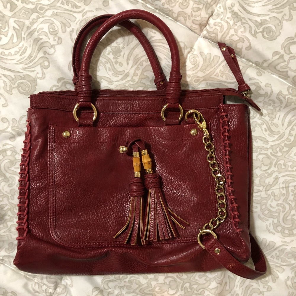 Red purse with crossbody strap